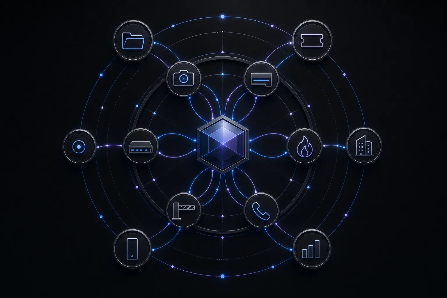 Schematic showing surveillance, access control, life safety, networking, and physical AI converging on a shared engineered infrastructure