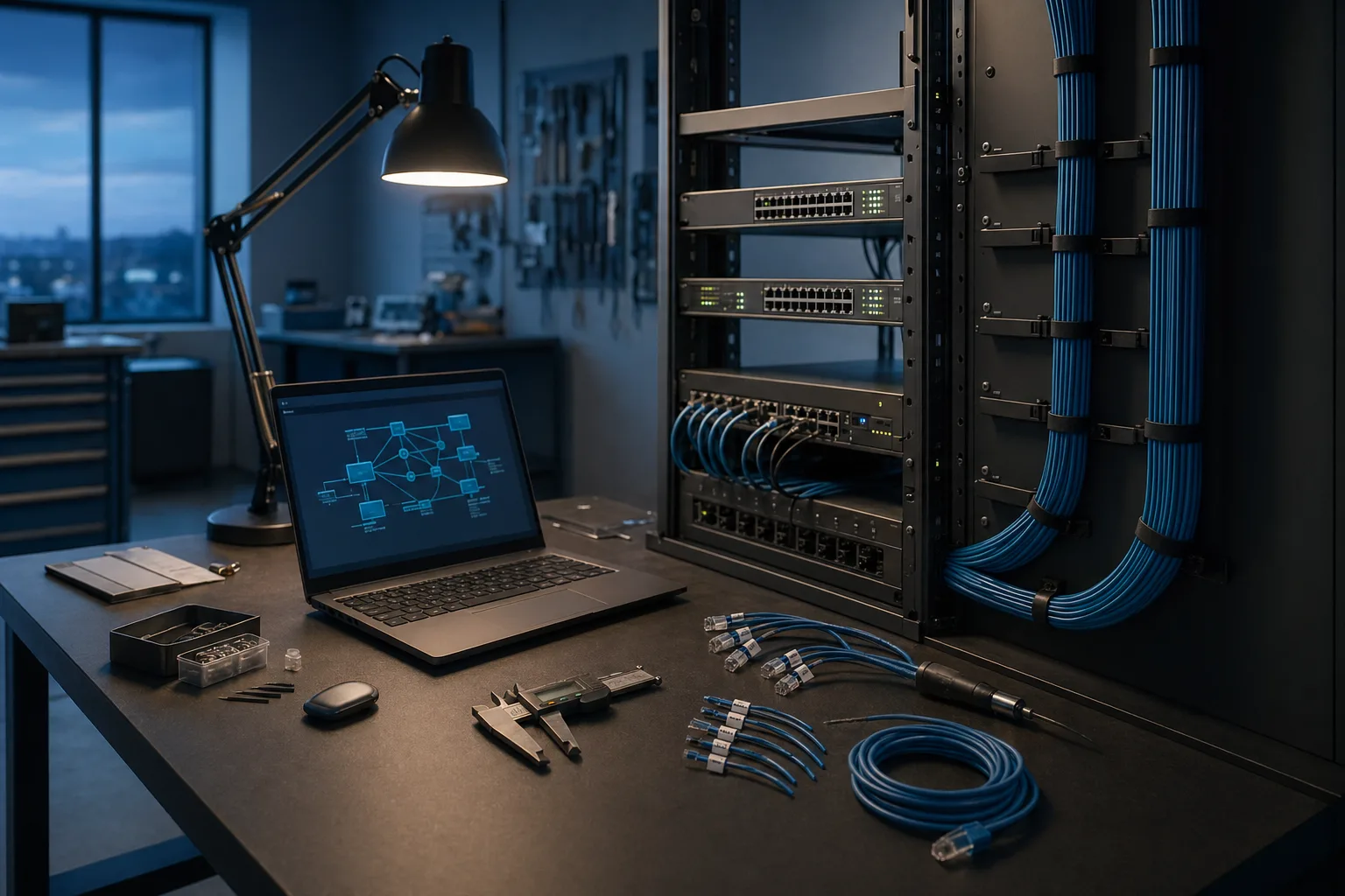 A focused engineering workspace with neatly dressed structured cabling, a partially-assembled network rack, and tools arranged on a workbench under controlled lighting
