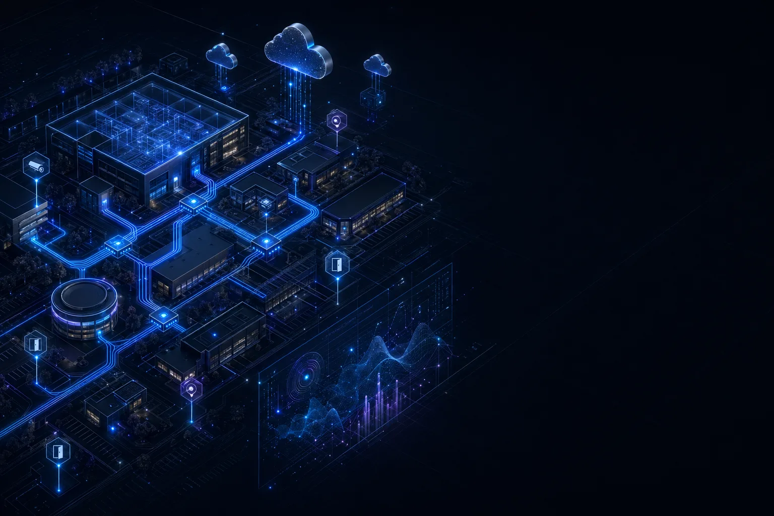 Abstract isometric illustration of an intelligent enterprise infrastructure with security cameras, access control, network nodes, and cloud connectivity